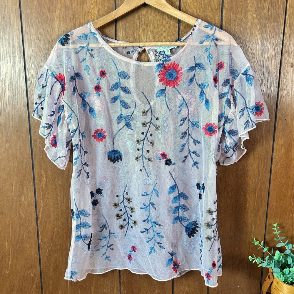 Chenault Sheer Embroidered Flutter Sleeve Keyhole Top‎ Blouse Pink Boho Festival